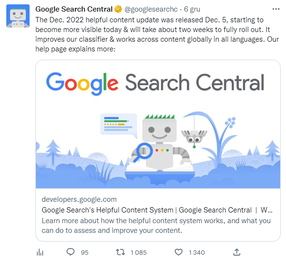 informacja z Twitter Google Search Console na temat aktualizacji algorytmu Helpful Content