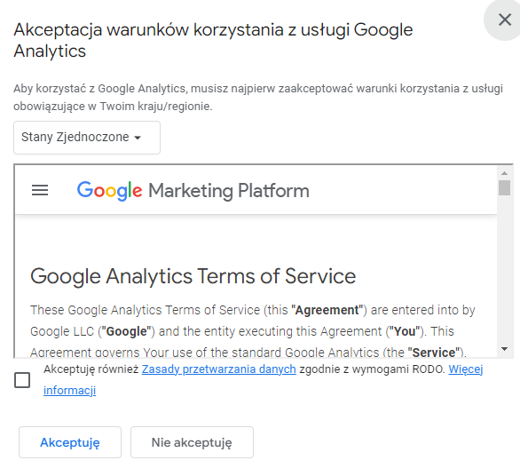 akceptacja warunków usługi Google Analytics 4