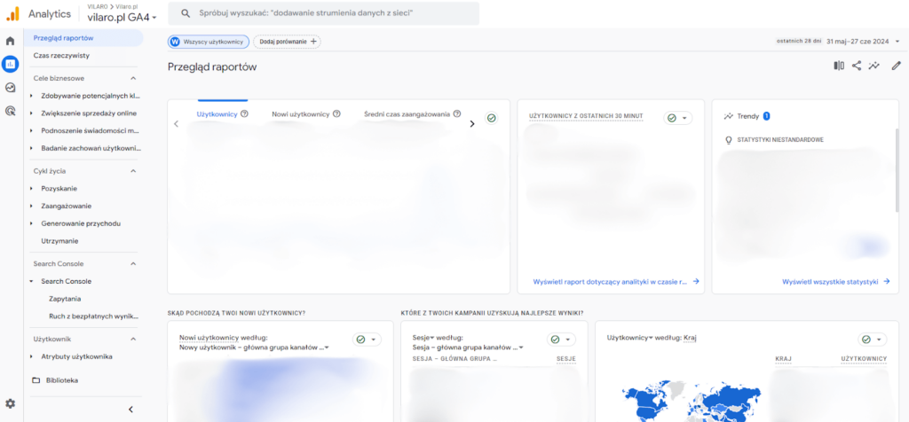 Zrzut ekranu interfejsu narzędzia Google Analytics 4. 