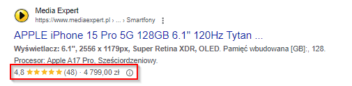 Zrzut ekranu rich snippets z wyników wyszukiwania Google. 