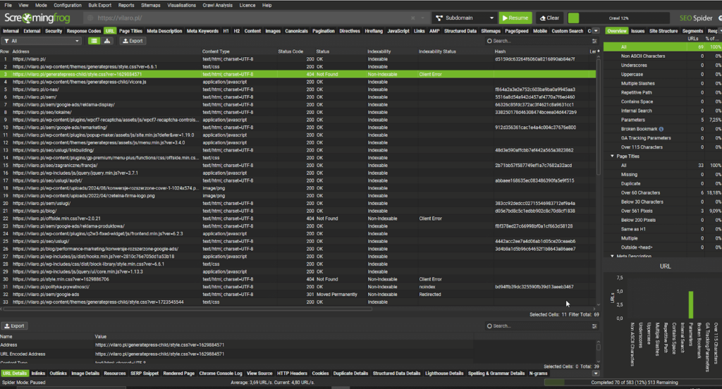 Zrzut ekranu interfejsu narzędzia Screaming Frog. 