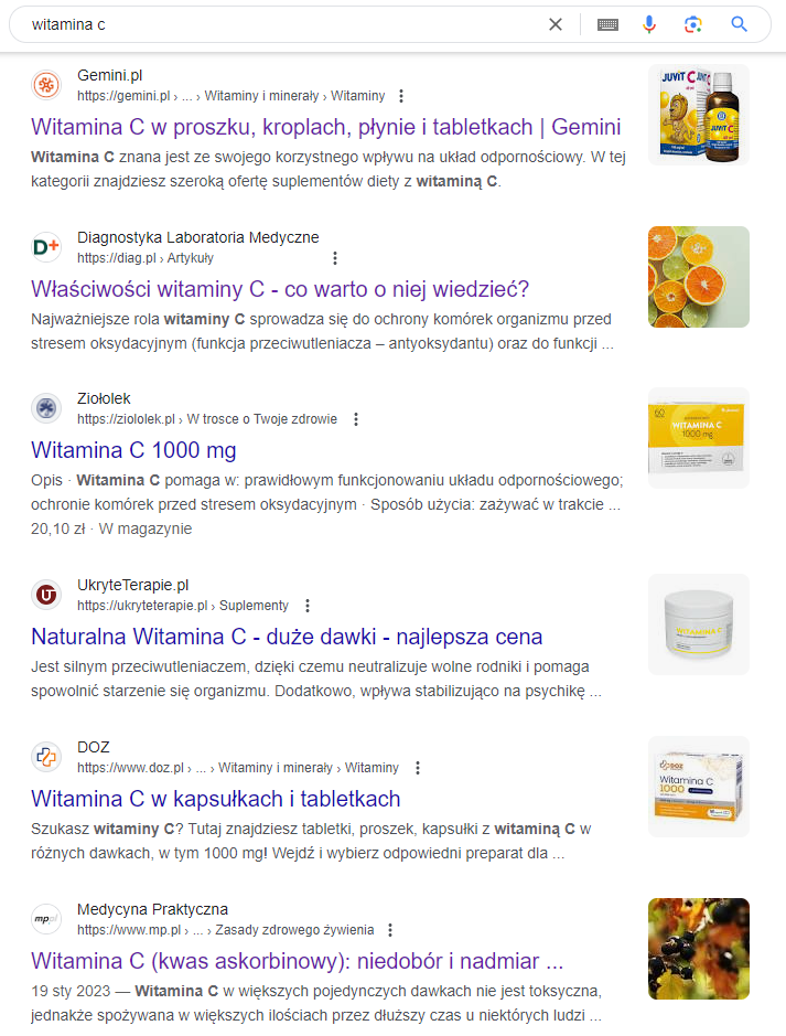 Zrzut ekranu z wyników wyszukiwania Google na frazę "witamina c".